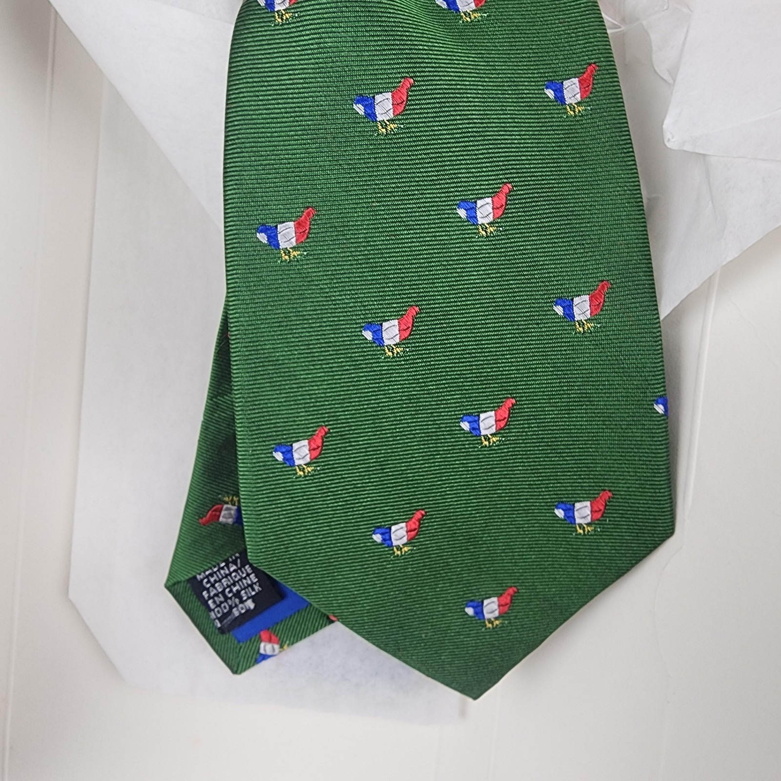 Lands End Tie Mens One Size Green French Hen Bird 100 Silk Classic Necktie
